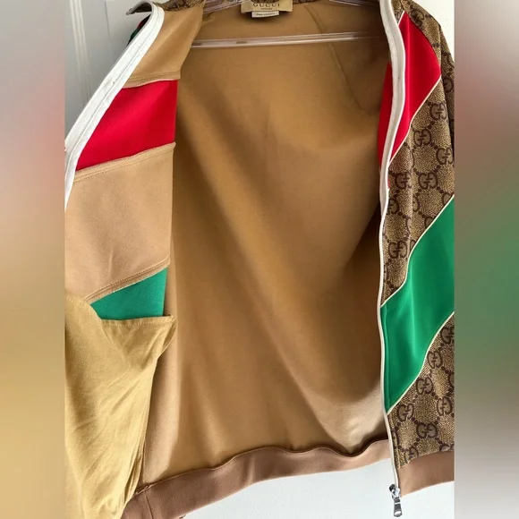 Gucci Brown GG Logo Jacket with Red and Green Stripes